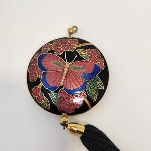 Butterfly Cloisonne Round Puffy Pendant Black Pink Blue Vintage Jewelry Tassel
